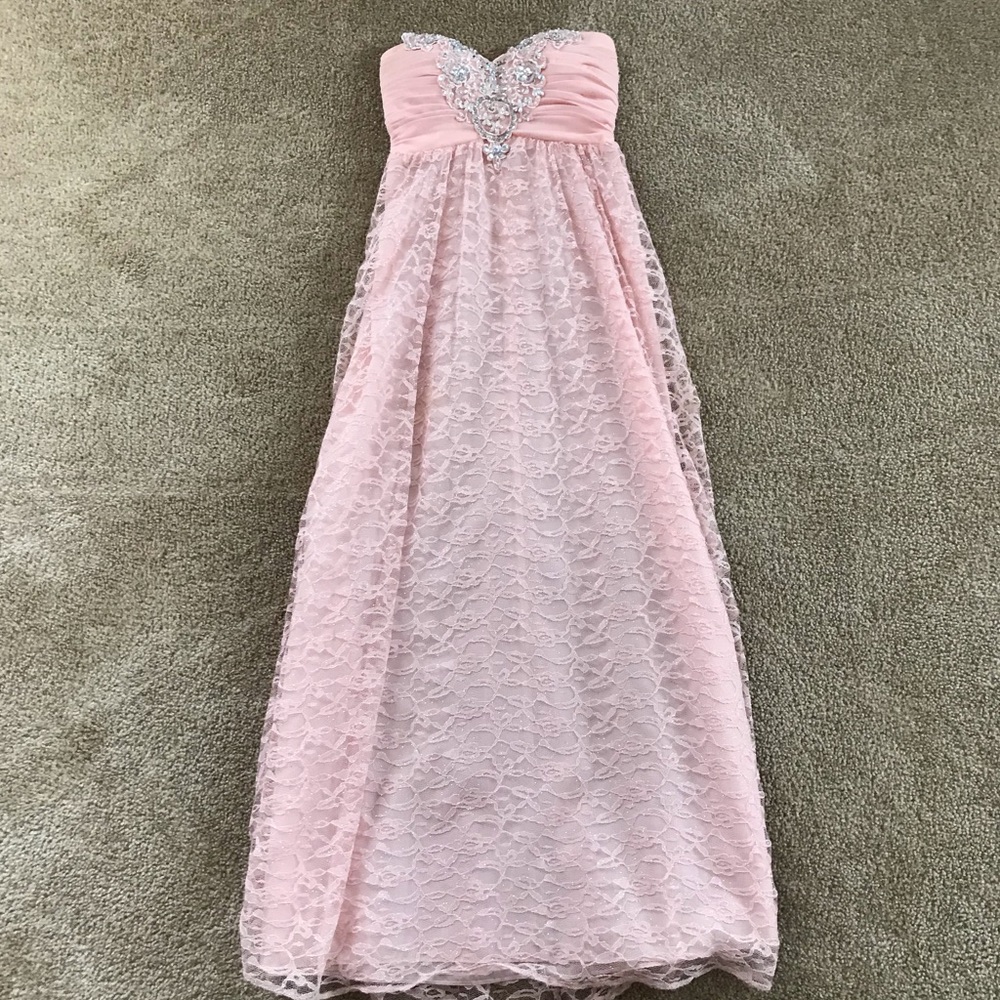 Strapless, Pink Lace Prom Dress